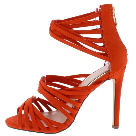 🆕Orange Strappy Multi Layer Crossed Ankle Strap Sandals Size 10 - Picture 3 of 4